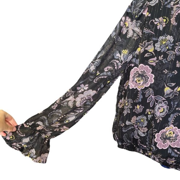 Blue Rain Womens Wrap Style Top Sz L Black Floral Sheer Poet Sleeve Dark Romance - Picture 3 of 11